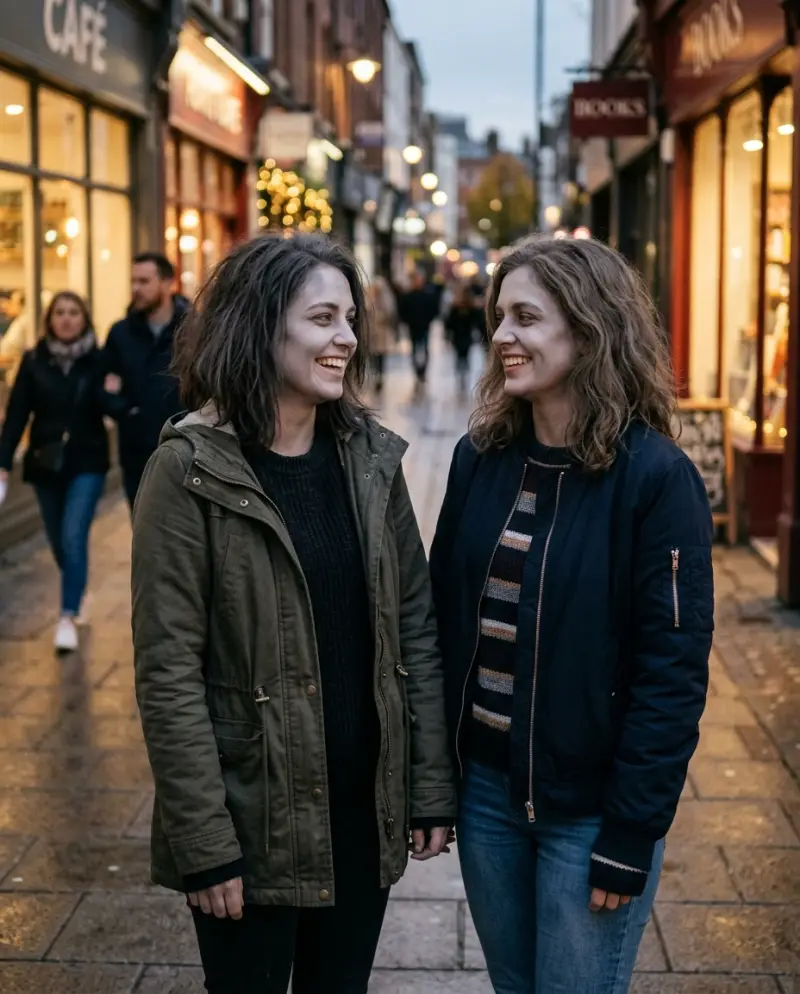 Two AI-made adult models side by side with soft zombie makeup on an evening street