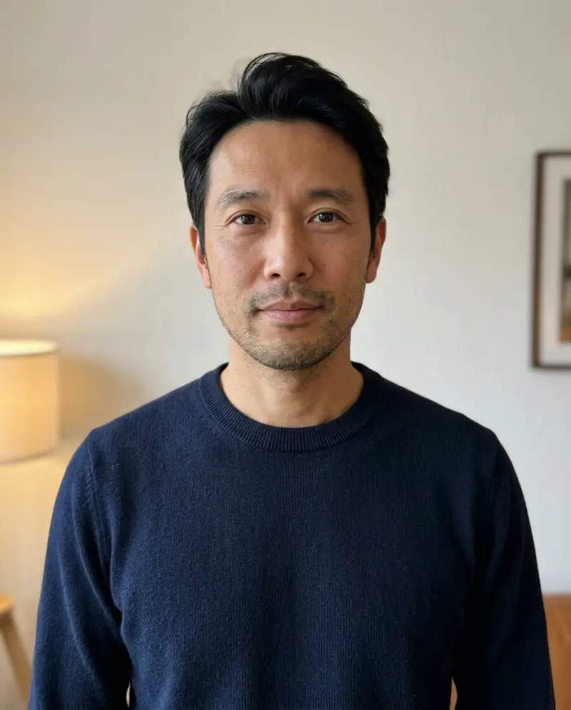AI-made adult model, before: a man with a calm face in indoor light