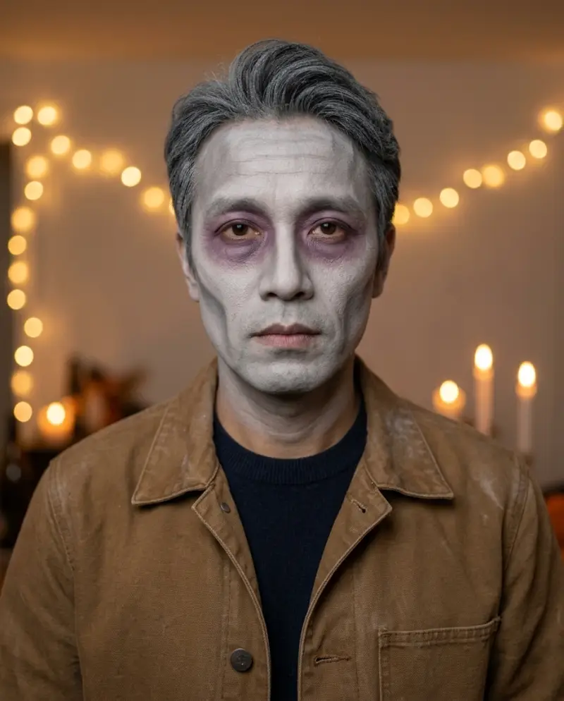 AI-made adult model with grey party face paint under warm string lights