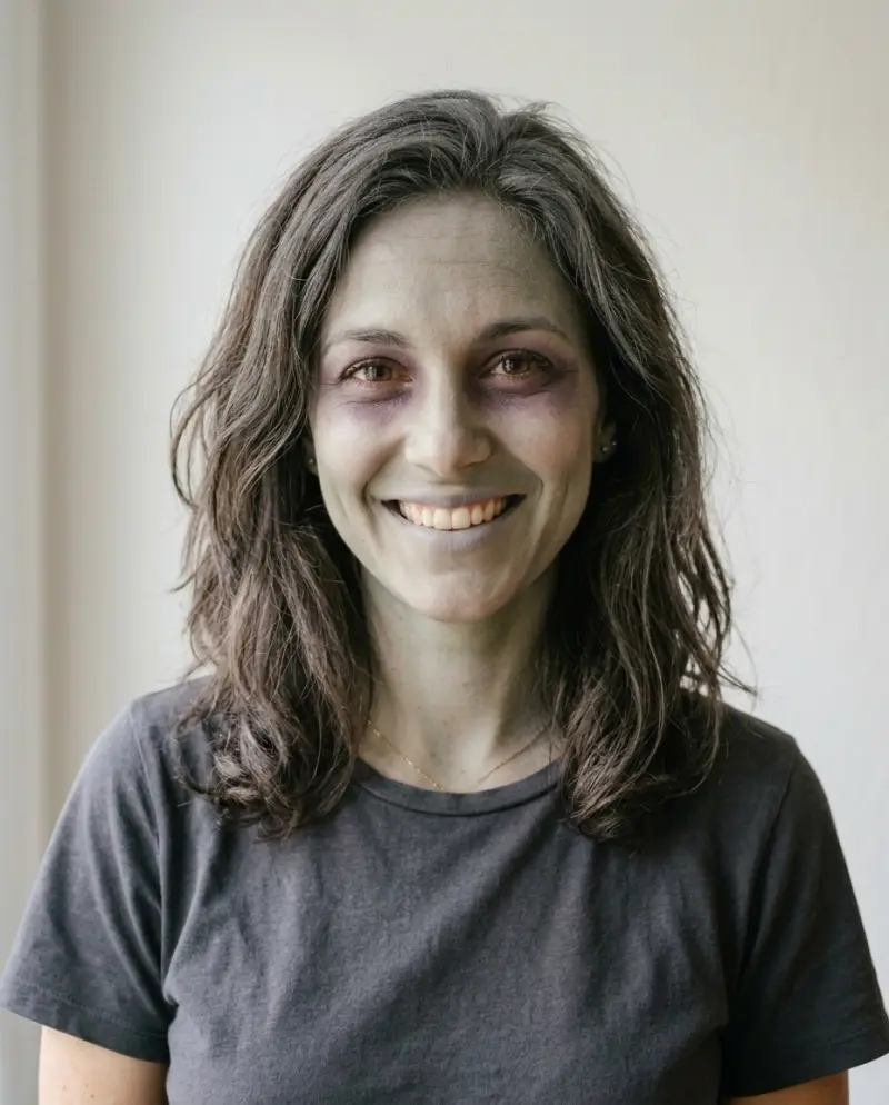 AI-made adult model with soft grey zombie makeup: ash-grey skin and shadows under the eyes