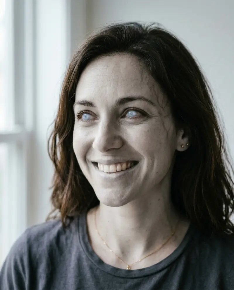 AI-made adult model, close-up with pale cloudy eyes and grey skin