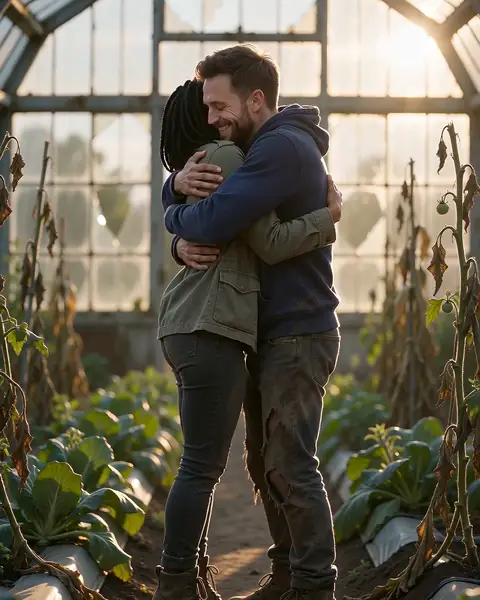 Sample frame: the same hug in warm sunlight, years earlier