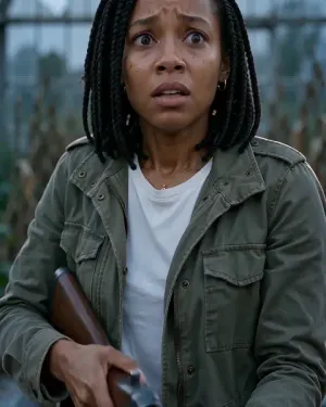 Elle tient le fusil accessoire baissé le long du corps