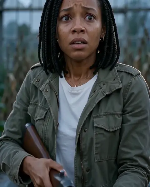 Sample frame: she holds the prop rifle down at her side