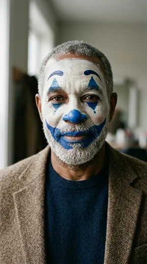 Sample look: a grey-bearded man in a tweed jacket with white clown face paint, blue diamond eyes and a blue nose
