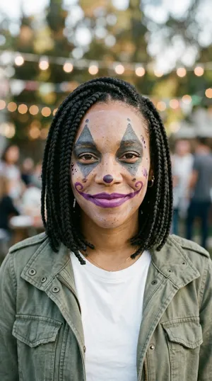 Sample look: a woman with long braids in an olive jacket with pale clown paint, teal pointed eyes and purple lips at a…