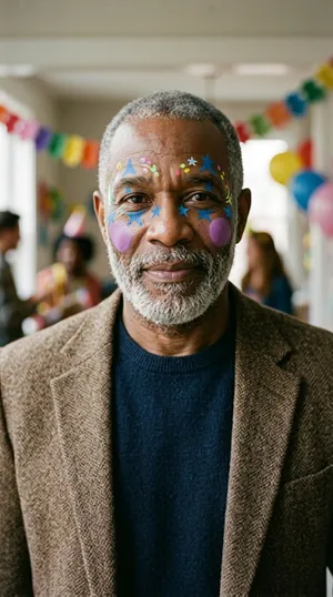 Sample look: a grey-bearded man in a tweed jacket with bright rainbow clown eye paint at a party with bunting