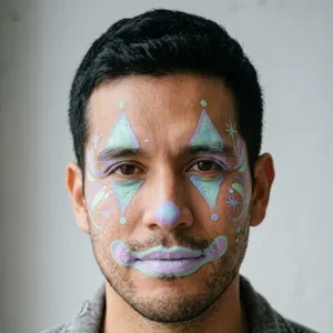 Mann mit sanfter mintgrüner und lilafarbener Rauten-Clown-Bemalung um die Augen