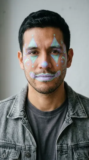 Sample look: a dark-haired man in a denim jacket with soft pastel clown diamonds and lilac lips