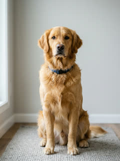 Photo of the one who turns: a golden retriever with a blue collar sits on a rug