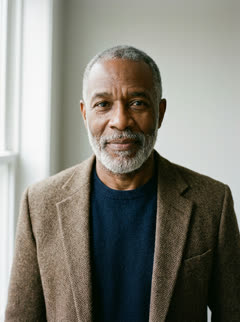 Photo of the one who turns: a grey-haired man with a beard in a tweed jacket and navy T-shirt