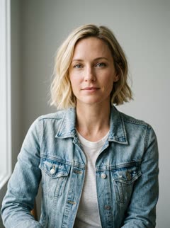 Photo of the one who still knows them: a blonde woman in a denim jacket and white T-shirt