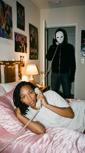 Une personne au téléphone avec une silhouette masquée dans l’encadrement de porte