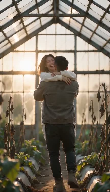 Test clip: he lifts her in a hug in the warm greenhouse