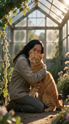 Vídeo de exemplo: uma mulher de jaqueta bege ajoelhada abraça um gato laranja numa estufa ensolarada