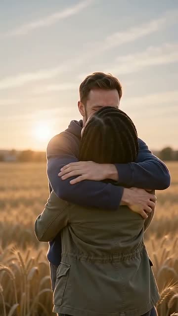 Sample video: a man in a navy hoodie hugs a woman in an olive jacket in a wheat field at sunset