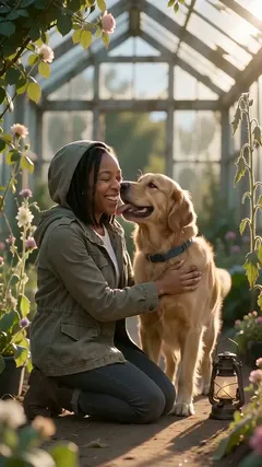 Video de ejemplo: una mujer de rodillas en un invernadero y un golden retriever le lame la cara