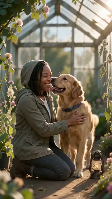 Sample video: a woman in an olive hooded jacket kneels as a golden retriever licks her face in a greenhouse