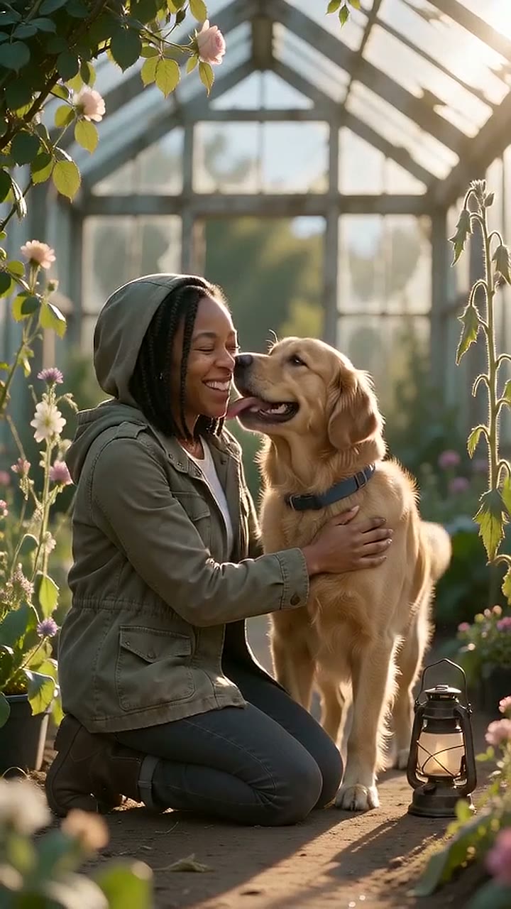 Sample video: a woman in an olive hooded jacket kneels as a golden retriever licks her face in a greenhouse