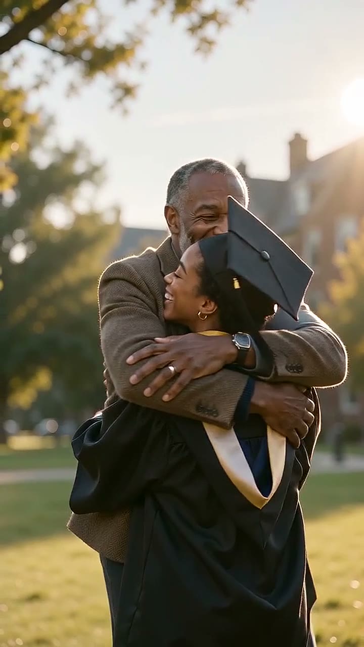 Sample video: a grey-haired man in a tweed jacket hugs a young woman in a graduation cap and gown in a park