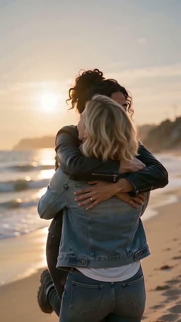 Sample video: a woman in a black leather jacket hugs a blonde friend in a denim jacket on a beach at sunset