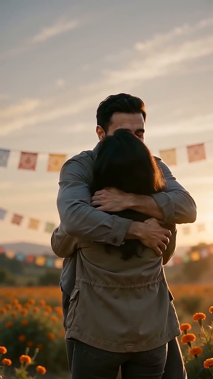 Sample video: a man in a grey shirt hugs a dark-haired woman among marigolds and paper flags at sunset