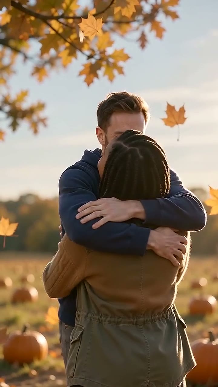 Sample video: a man in a navy hoodie hugs a woman in an olive jacket in a pumpkin patch as leaves fall