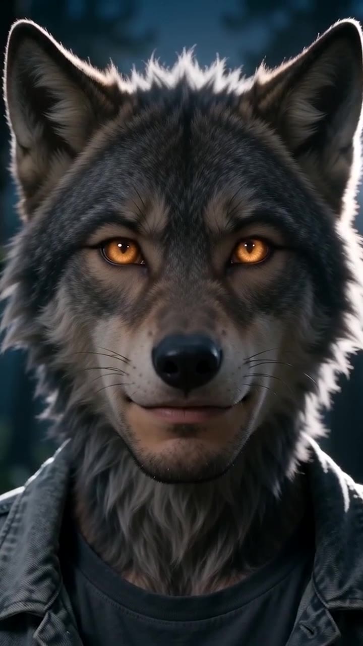 A man in a denim jacket turns into a werewolf in a moonlit night forest