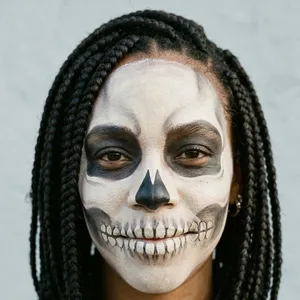 Frau mit langen Zöpfen und weißer Totenkopf-Gesichtsbemalung mit dunklen Augenhöhlen