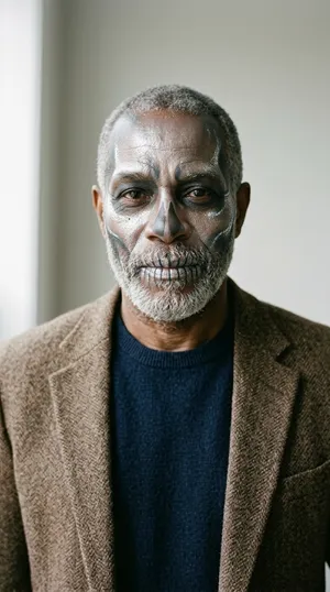 Older man in tweed blazer with silver-grey skull contouring and painted teeth