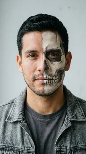 Man in denim jacket with half skull face paint and natural dark hair