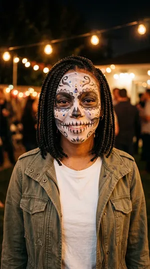 Woman with braids and patterned white skull face paint under warm party lights