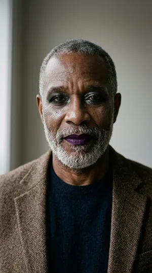 Older man with grey hair and beard, purple lips and soft shadow, tweed blazer