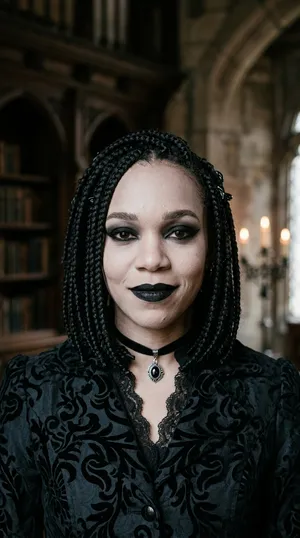 Woman with long braids, pale skin, black lips and choker in a candlelit gothic library