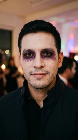 Man with dark hair, purple smoky eyes, black shirt under colourful party lights