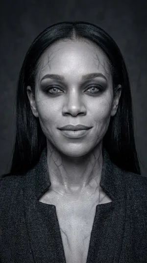 Exemple de look : une femme aux longs cheveux bruns, peau gris porcelaine et yeux sombres sous un éclairage de studio