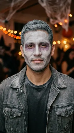 Exemple de look : un homme grisonnant en veste en jean avec maquillage de zombie gris dans une fête avec toiles d’araignée